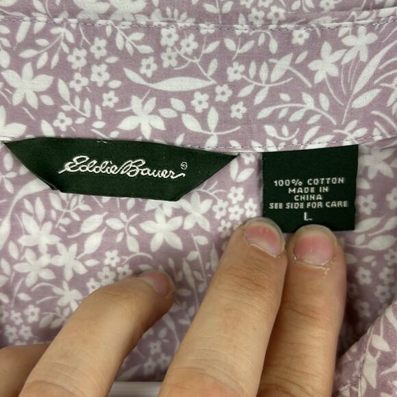 Eddie Bauer Women’s Large Lavender Floral Lightweight Cotton Long Sleeve Blouse - Picture 3 of 6